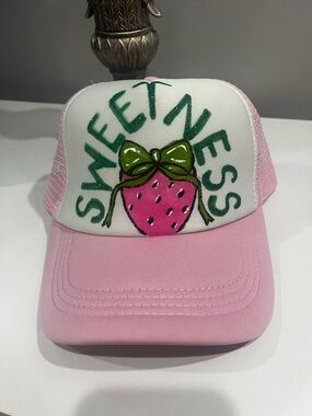Hand Painted Sweetness Pink Trucker Hat with Strawberry Graphic